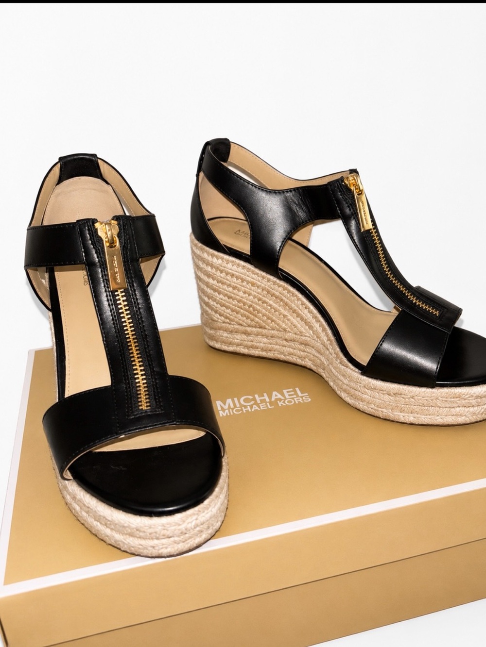 Michael Kors Black Leather Zip-Front Espadrille Wedges